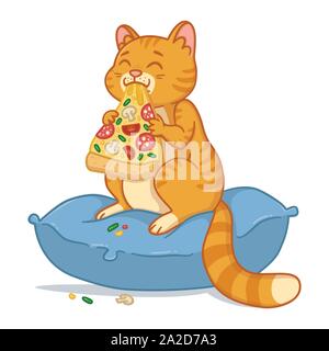 Katze mit einer Pizza im Mund Vector Illustration. Kitty sitzen auf dem Kissen und essen Pizza. Amüsante inländischen pet Abbildung. Am Pfingstmontag isoliert Stock Vektor
