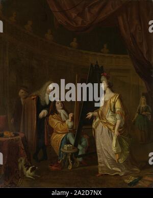 Een Schilder in zijn Atelier, een Dame portretterend. Stockfoto