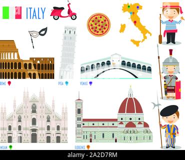 Italien flache Icon Set Reise- und Tourismus-Konzept. Vector Illustration Stock Vektor