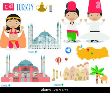 Turkey Flat Icon Set Reise- und Tourismus-Konzept. Vector Illustration Stock Vektor