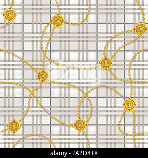 Nahtlose Muster mit goldenen Ketten. Schönen Schmuck mit Plaid und houndstooth Hintergrund. Bereit für Textildruck. Stockfoto