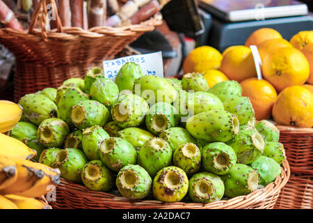 Grüne opuntia Früchte auf einem lokalen Markt in Funchal, Madeira, Portugal. Feigenkakteen und Indischen Feigen. Exotische Früchte, aufgewachsen auf Kakteen. Übersetzung DER ZEICHEN: Tabaibos - opuntia Früchte in Portugiesisch. Stockfoto