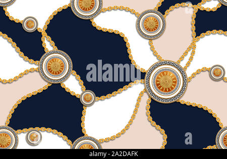 Vintage nahtlos Muster der Goldene Ketten und Versace Motiv auf weißen und dunklen blauen Hintergrund. Stoff Design Hintergrund mit Kette. Stockfoto
