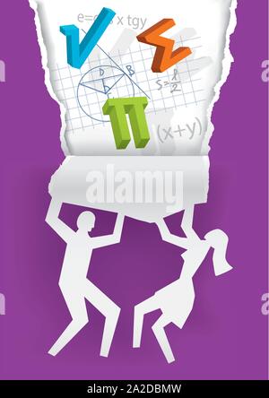 Entdecken Sie Mathematik, Bildung Konzept, zerrissenes Papier. Männliche eine fwmale Silhouette ripping violett Papier mit mathematischen Formeln und Symbole. Vektor avai Stock Vektor