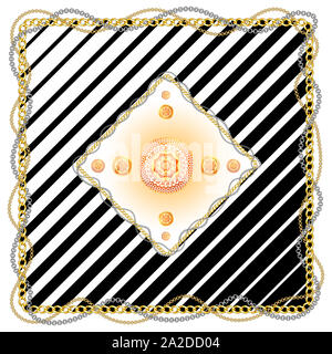 Abbildung: design pattern mit goldenen Bänder und Ketten. Vintage Patch für Schals, Drucken, Gewebe, Textilwaren. Schwarze Linien auf weißem Hintergrund. Stockfoto