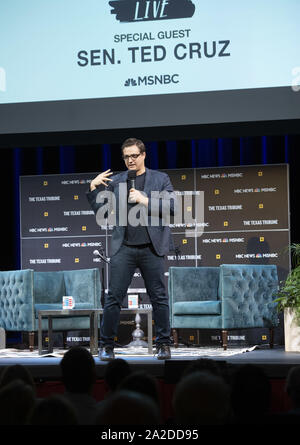 Austin, Texas, USA. 28 Sep, 2019. Journalist Chris Hayes von MSNBC stellt seinen Podcast mit US-Senator Ted Cruz von Texas während einer Texas Tribune Festival in Austin. Cruz meist verteidigt Donald Trump, aber nicht aus anderen Präsidentendurchlauf seiner eigenen 2024. Credit: Bob Daemmrich/ZUMA Draht/Alamy leben Nachrichten Stockfoto