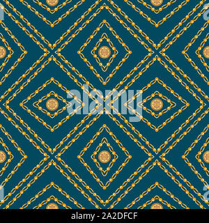 Abstrakte geometrische Design, lückenlose Ketten Muster von dunklem Blau und Gold Farbe für Hintergrundbilder und Hintergrund. Für textile Druck bereit. Stockfoto