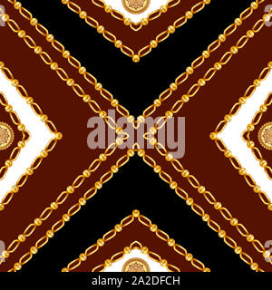 Nahtlose goldene Ketten, stripe Diamant und diagonal Square, Grenze drucken Schal Muster. Goldene Ketten Muster mit weißen, dunklen Rot und Schwarz Stockfoto
