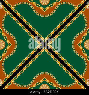 Goldene Ketten nahtlose Muster auf die braunen und grünen Hintergrund. Nahtlose goldene Ketten, stripe Diamant und diagonal Square, Grenze drucken Schal Muster. Stockfoto