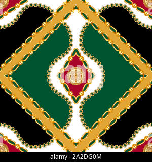 Goldene Ketten nahtlose Muster mit weißen und grünen Hintergrund. Nahtlose goldene Ketten, stripe Diamant und diagonal Square, Grenze drucken Schal patter Stockfoto