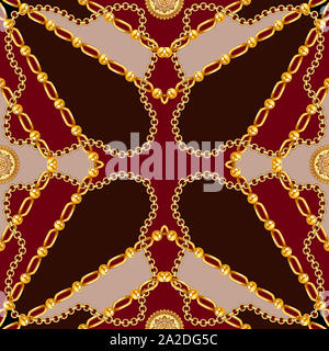 Nahtlose goldene Ketten, stripe Diamant und diagonal Square, Grenze drucken Schal Muster. Goldene Ketten Muster mit dunklen roten Farben. Stockfoto