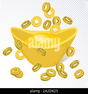Chinese Golden Ingots und fallenden chinesischen Münzen auf transparentem Hintergrund isoliert. Chinesische Goldbarren realistisch. Vector Illustration für Chinesische neue Stock Vektor