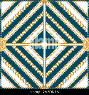 Goldene Ketten nahtlose Muster mit weißen und blauen Hintergrund. Nahtloser goldene Ketten, stripe Diamant und diagonal Square, Grenze drucken Schal Muster Stockfoto