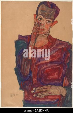 Egon Schiele - Selbstbildnis mit Augenlid nach unten gezogen, 1910 - Stockfoto