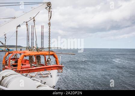 Rettungsboot Nr. 2 haning in der Kette auf dem Deck der Stena Nautica, Dänemark, September 6, 2019 Stockfoto