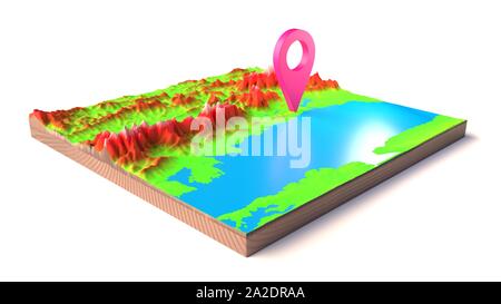 3D-Abbildung: ein Stift auf einer 3D-Karte Stockfoto