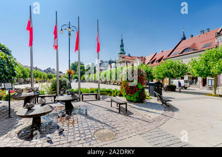 Pszczyna (dt.: Pless), Schlesische Provinz, Polen. Brunnen auf dem Markt Platz. Stockfoto