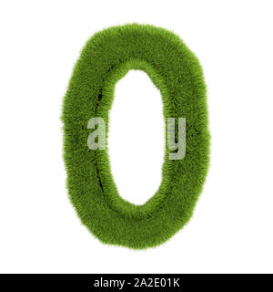 Nummer 0, aus Gras auf weißem Hintergrund. Symbol abgedeckt grünes Gras. Eco schreiben. 3D-Darstellung. Stockfoto