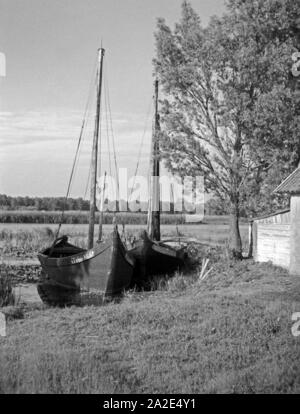 Kähne mit dem induktionskopfhörern Nemonien im Memeldelta, Ostpreußen, 1930er Jahre. Segeln Boote auf dem Fluss Memel Nemonien im Delta, Ostpreußen, 1930er Jahre. Stockfoto