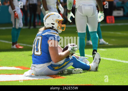 September 29, 2019: Sean Culkin #80 der Los Angeles Ladegeräte in Aktion während der NFL Football Spiel zwischen den Miami Dolphins und Los Angeles Ladegeräte im Hard Rock Stadion in Miami Gardens FL. Die Ladegeräte besiegt die Delphine 30-10. Stockfoto