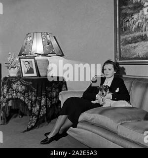 Schwedische Fictitious character und Sängerin Zarah Leander, mit ihrem Hund auf dem Sofa Sterben in ihrem Haus in Berlin, Deutschland, 1930er Jahre. Schwedische Sängerin und Schauspielerin Zarah Leander mit ihrem Hund Haustier im Sofa in Ihrem Haus in Berlin, Deutschland 1930. Stockfoto