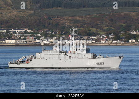 Cephee, ein Eridan-Klasse (dreiseitigen) minehunter von der Französischen Marine betrieben, vorbei an Gourock bei Ihrer Ankunft für Übung gemeinsame Krieger 19-2. Stockfoto