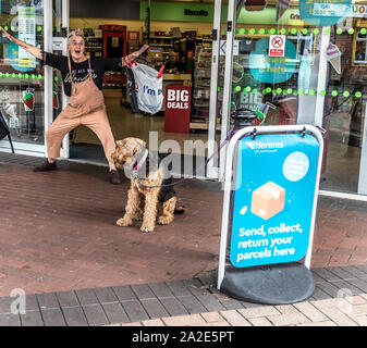 Große Airedale Terrier Hund gebunden draußen ein Geschäft, mit dem Besitzer. Tipton nordwestlich von Birmingham, West Midlands, UK. Stockfoto