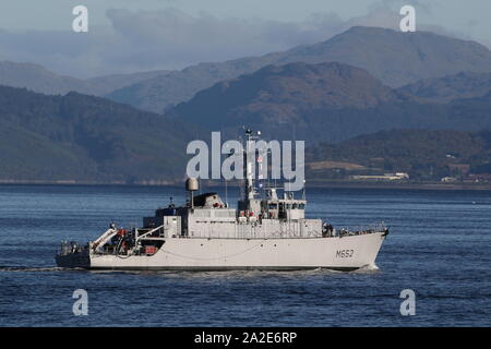 Cephee, ein Eridan-Klasse (dreiseitigen) minehunter von der Französischen Marine betrieben, vorbei an Gourock bei Ihrer Ankunft für Übung gemeinsame Krieger 19-2. Stockfoto