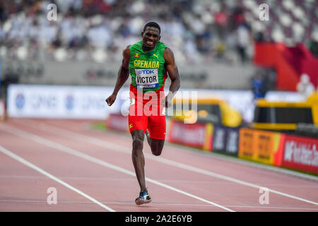 DOHA, Katar. 02 Okt, 2019. Lindon Victor von Grenada konkurriert in Mens 100 M Decathlon bei Tag 6 der IAAF Leichtathletik WM - Doha 2019 bei Khalifa International Stadium am Mittwoch, Oktober 02, 2019 in Doha, Katar. Credit: Taka G Wu/Alamy leben Nachrichten Stockfoto