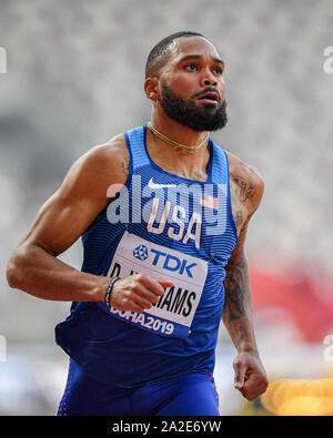 DOHA, Katar. 02 Okt, 2019. Devon Williams der UDS konkurriert in Mens 100 M Decathlon bei Tag 6 der IAAF Leichtathletik WM - Doha 2019 bei Khalifa International Stadium am Mittwoch, Oktober 02, 2019 in Doha, Katar. Credit: Taka G Wu/Alamy leben Nachrichten Stockfoto