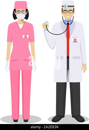 Medizinische Teamarbeit Konzept. Detaillierte Darstellung von Mann und Frau Rettungssanitäter, Notarzt, Krankenschwester im flachen Stil. Praktizierende Ärzte Stock Vektor