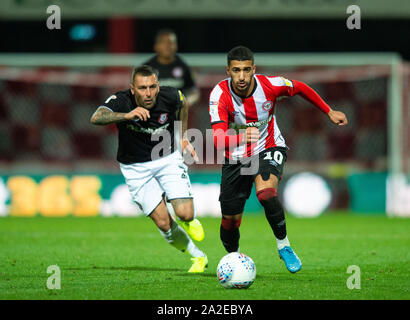 London, Großbritannien. 02 Okt, 2019. Die Brentford sagte Benrahma während der Sky Bet Championship Match zwischen Brentford und Bristol City bei Griffin Park, London, England am 2. Oktober 2019. Foto von Andrew Aleksiejczuk/PRiME Media Bilder. Credit: PRiME Media Images/Alamy leben Nachrichten Stockfoto