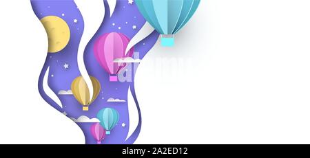 Cute Papier ausschnitt Heißluftballons in den Nachthimmel mit Mond und Sterne. Papercut Kinder Szene oder Phantasie Konzept auf isolierten weißen Hintergrund. Stock Vektor
