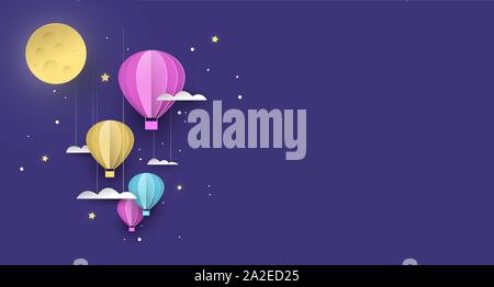 Cute papercut Kopie Raum Abbildung: Heißluftballons in Pastelltönen Himmel mit Mond und Sternen. Kindergarten Hintergrund oder Traum Phantasie co Stock Vektor
