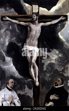 El Greco - Christus am Kreuz durch zwei Spender angebetet Stockfoto