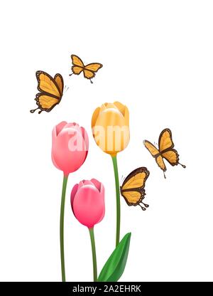 Realistische gelb monarch butterfly Fliegen mit rosa Tulpe Blumen. 3D-Feder Konzept Abbildung auf isolierten weißen Hintergrund. Stock Vektor