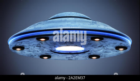 Unbekanntes Flugobjekt. UFO mit Freistellungspfad enthalten. Stockfoto