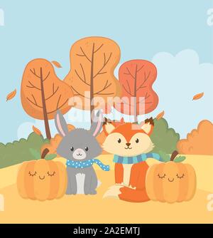 Cute fox Kaninchen und Kürbis Laub hallo Herbst Vector Illustration Stock Vektor