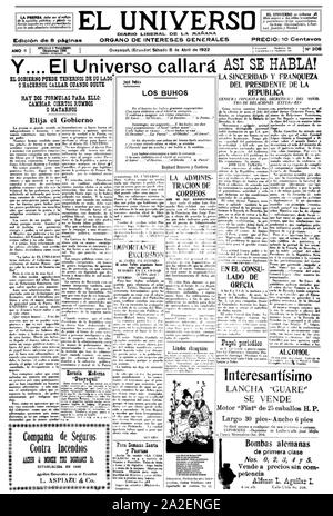 El Universo - Portada 1922-04-08. Stockfoto