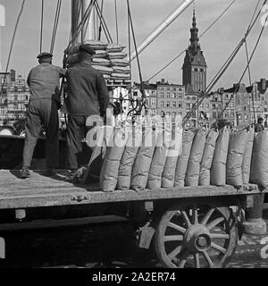 Hafenarbeiter im Hafen von Elbing, im Hintergrund die Nikolaikirche, Masuren, Ostpreußen, Deutschland 1930er Jahre. Arbeitnehmer bei Elbing Hafen, im Hintergrund St. Nicolas Kirche, Masuren, Ostpreußen, Deutschland 1930. Stockfoto