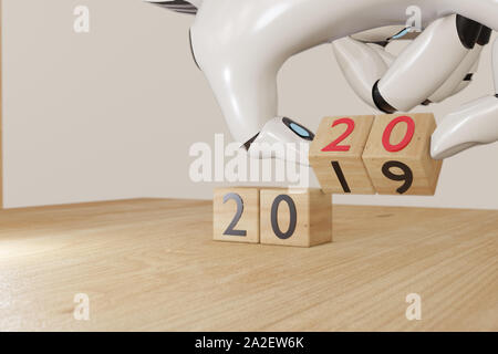 2020, 3D-Rendering ai künstliche intelligente Roboter Hand flip die hölzerne Würfel mit Ändern Sie das Jahr von 2019 zu Frohes neues Jahr kommenden Konzept 2020, ar Stockfoto