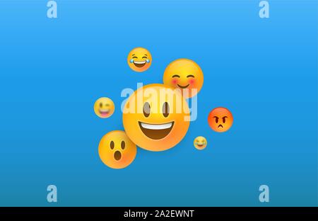 Spaß gelbes Emoticon Gesichter Hintergrund. 3D-sozialen Smiley Symbole enthält fröhlich, nett und lustig Emotion. Stock Vektor