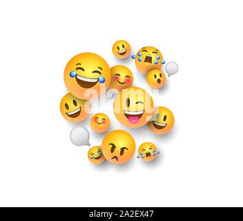 Spaß gelbes Emoticon Symbole auf dem isolierten weißen Hintergrund. Die smiley-Gesichter, die in 3D-Stil, Bubble, fröhlich, nett und lustig Emotionen chatten. Stock Vektor