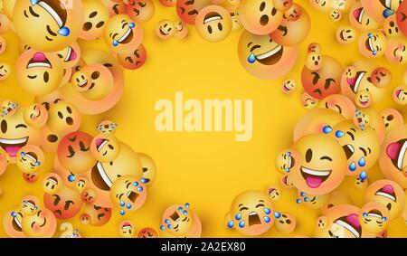 Soziale gelbes Emoticon Symbole auf isolierte Kopie Raum Hintergrund. Spaß die smiley-Gesichter, die im 3D-Stil enthält fröhlich, nett und lustig Emotionen. Stock Vektor