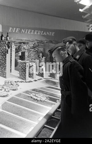 Soldaten bei der Leipziger Frühjahrsmesse vor 1963 Stand der Niederlande mit landwirtschaftlichen Erzeugnissen; Deutschland 1941. Soldaten an der Leipziger Frühjahrsmesse vor einem stehen, die von den Niederlanden mit landwirtschaftlichen Erzeugnissen; Deutschland 1941. Stockfoto