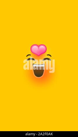 Liebe 3d-smiley lächelnd auf isolierte gelbe Farbe Hintergrund. Moderne Romantische soziale chat Reaktion in vertikalen Handy Größe, rosa Herzform Stock Vektor