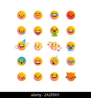Spaß flach gelb Smiley-symbol auf isolierten weißen Hintergrund gesetzt. Diverse cartoon Symbol Reaktion Sammlung für moderne jugendlich oder Kinder Kommunikatio Stock Vektor
