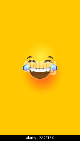 Weinen, Lachen sterben 3d Smiley lächelnd auf isolierte gelbe Farbe Hintergrund. Lustiger Witz der sozialen Reaktion in vertikaler Handy Größe chat, Stock Vektor