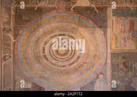 Pisa, Toskana/Italien - 20.08.2019: Mittelalterlichen Sternzeichen Radmutterbild auf dem Camposanto Friedhof von Campo dei Miracoli, christliche Mandala-Freskenbemalung Stockfoto