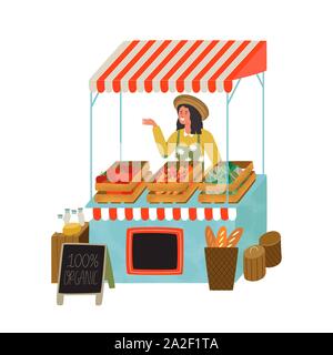 Farmers Market mit Happy farmer Arbeiterin verkauf Bio Gemüse und Garküche. Moderne Wohnung Cartoon Illustration auf isolierte Hintergrund. Stock Vektor